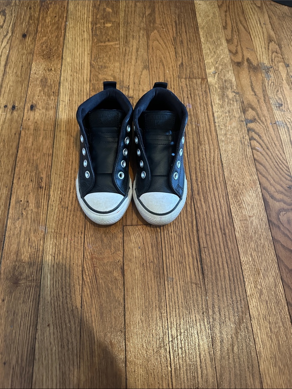 Converse Kids Black Leather Slip-On High-Top Sneakers with White Toe